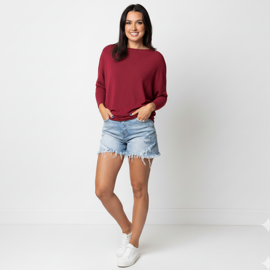 Feinstrick Bluse – Bootsausschnitt, Dolman-Ärmel