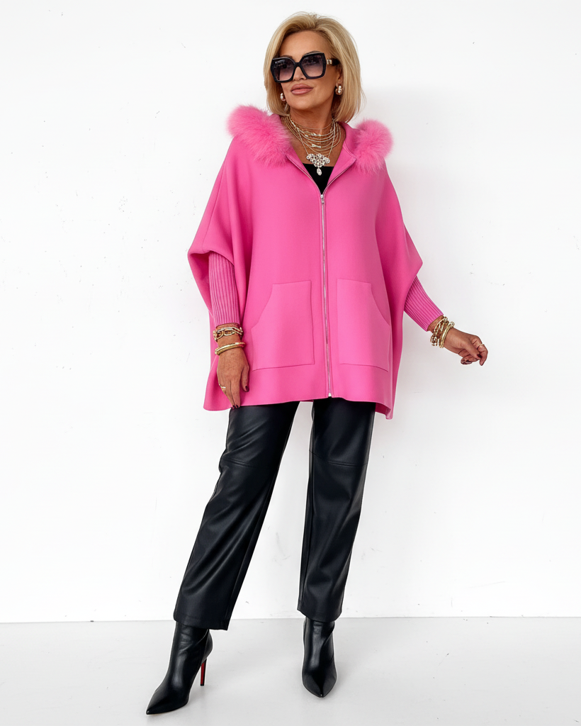 Damenjacke mit Pelzkragen – Einfarbig & Lässig