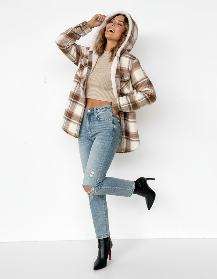 Damen Karo-Jacke mit Kapuze und Knopfleiste