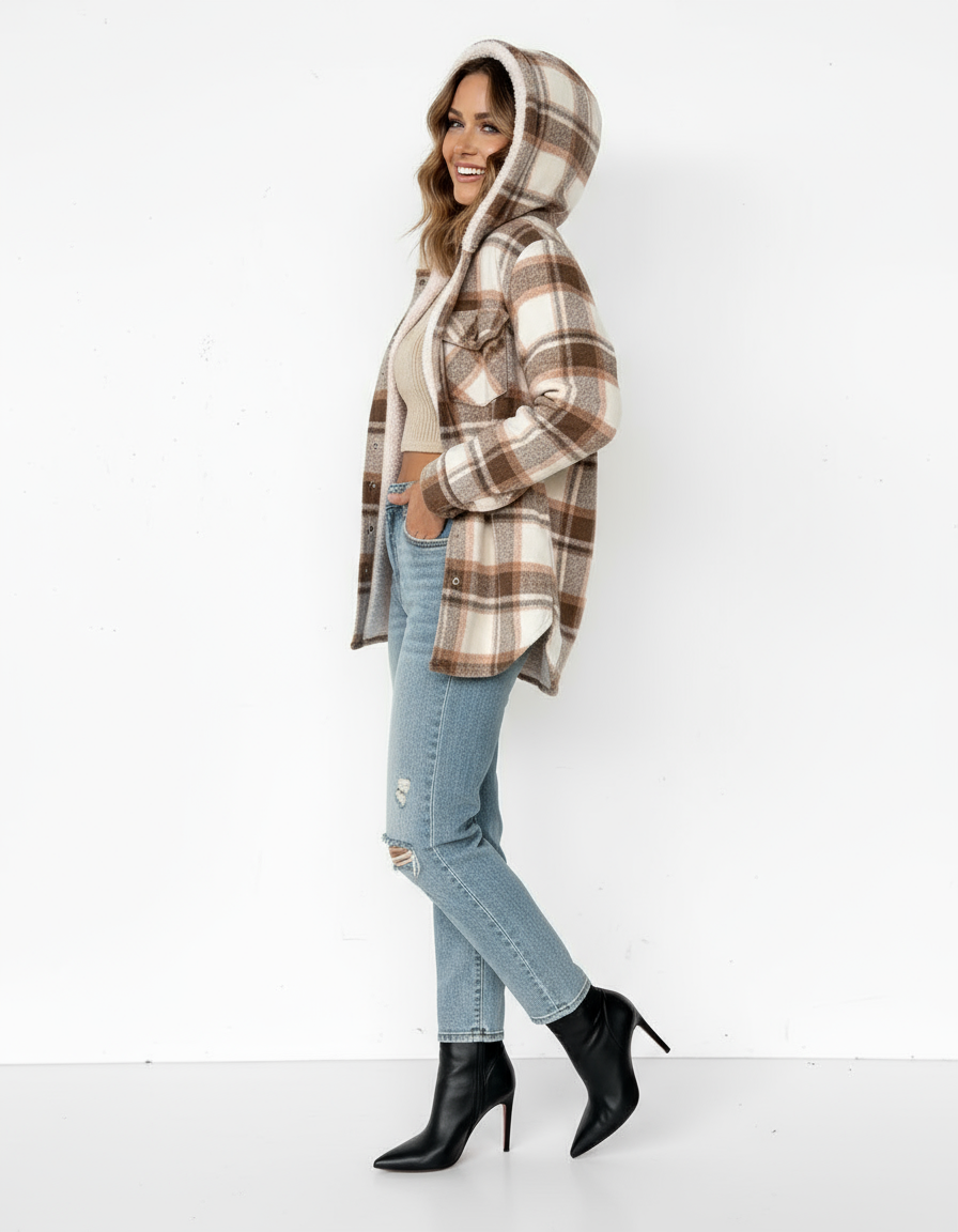 Damen Karo-Jacke mit Kapuze und Knopfleiste