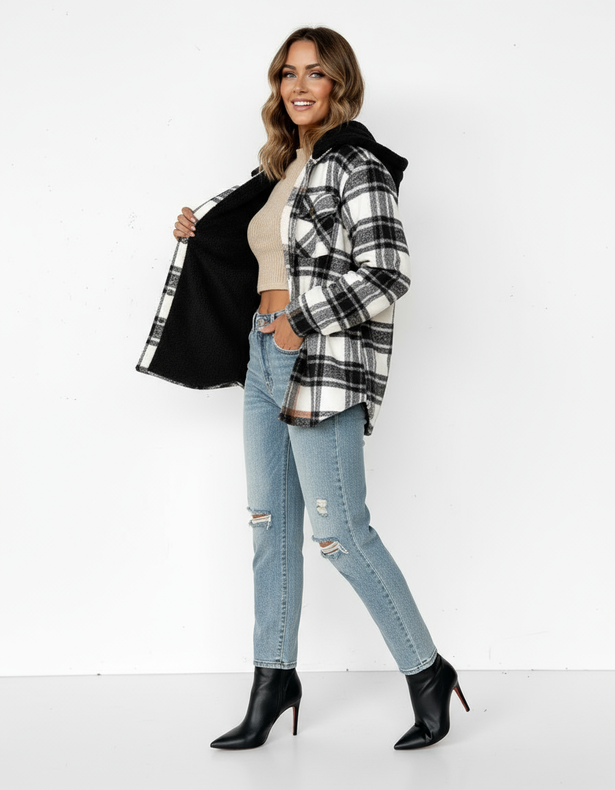 Damen Karo-Jacke mit Kapuze und Knopfleiste