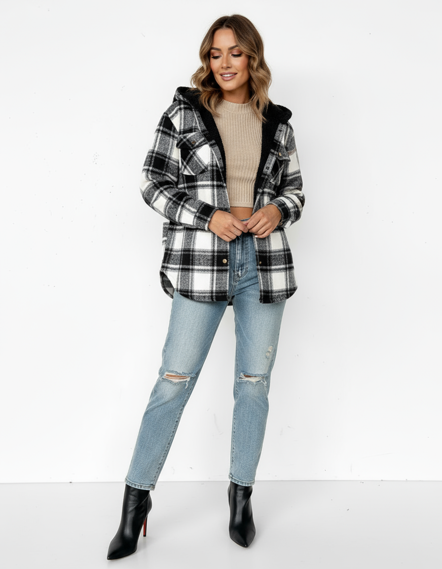 Damen Karo-Jacke mit Kapuze und Knopfleiste