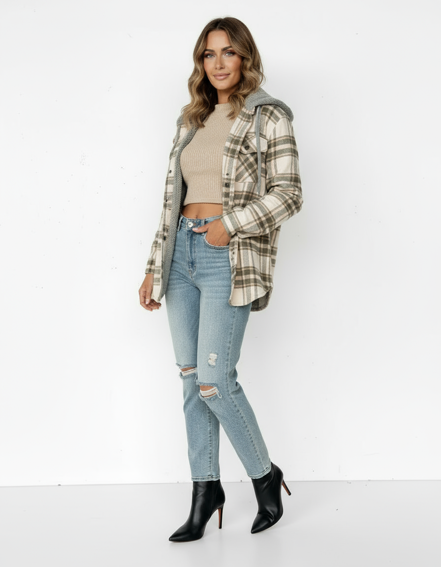 Damen Karo-Jacke mit Kapuze und Knopfleiste