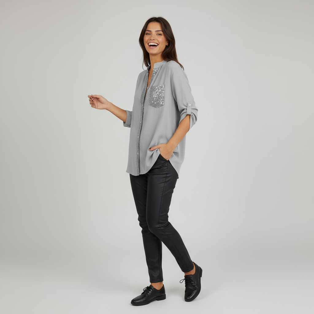 Polyester V-Ausschnitt Paillettentop mit halblangen Ärmeln – Lässig