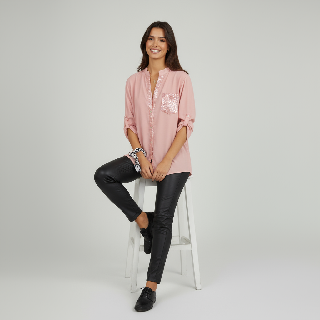 Polyester V-Ausschnitt Paillettentop mit halblangen Ärmeln – Lässig