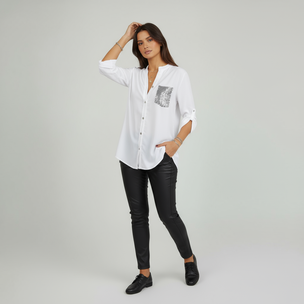 Polyester V-Ausschnitt Paillettentop mit halblangen Ärmeln – Lässig