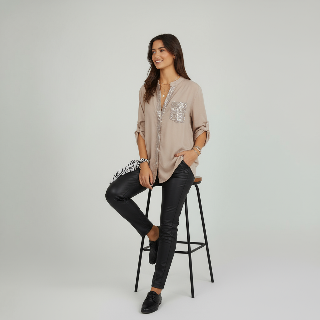 Polyester V-Ausschnitt Paillettentop mit halblangen Ärmeln – Lässig