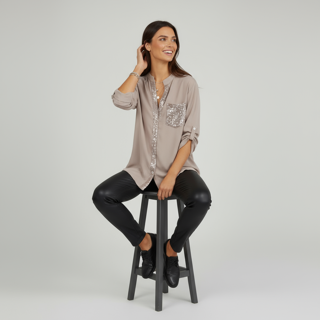 Polyester V-Ausschnitt Paillettentop mit halblangen Ärmeln – Lässig