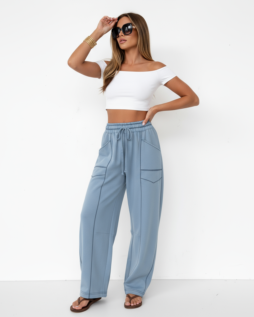 Damenweite Barrel-Hose mit großen Taschen