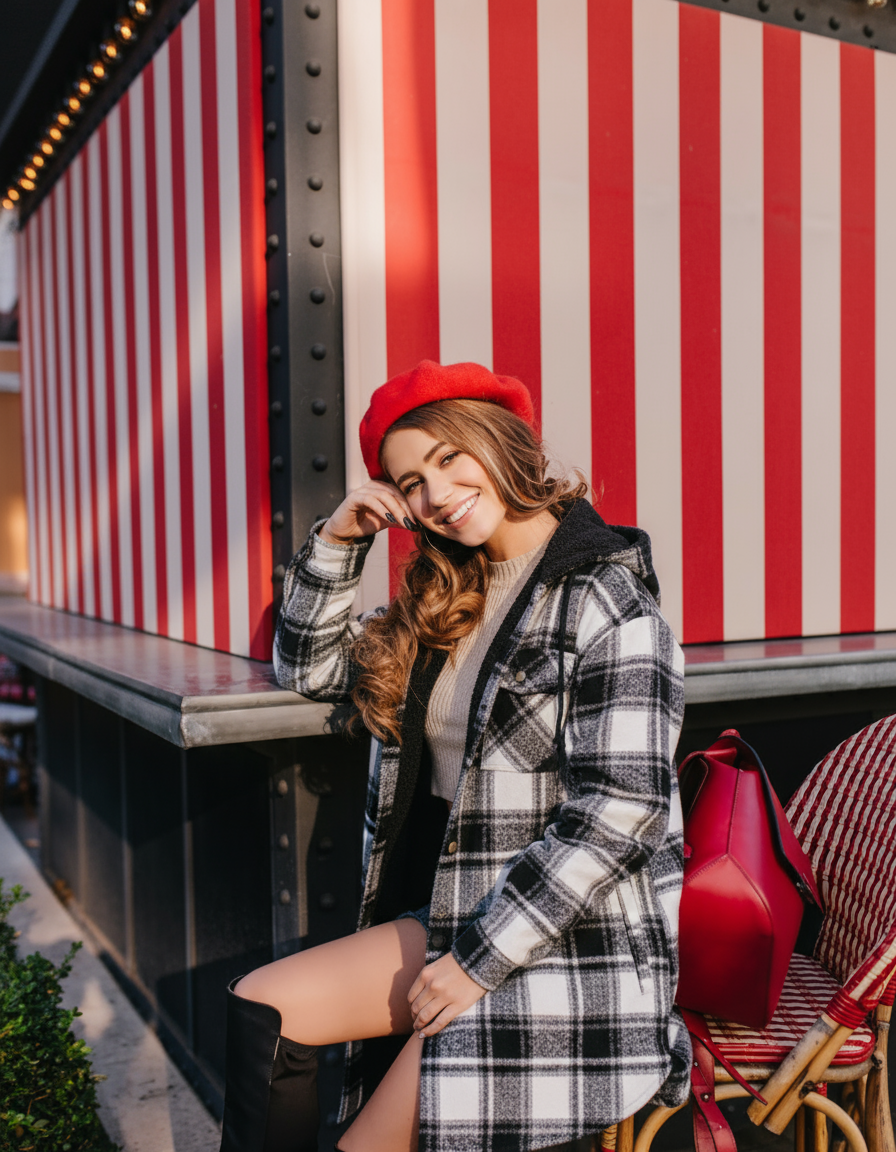 Damen Karo-Jacke mit Kapuze und Knopfleiste