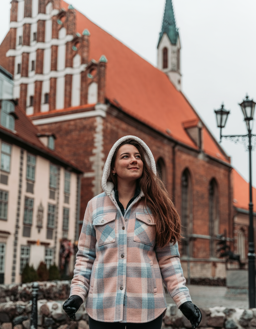 Damen Karo-Jacke mit Kapuze und Knopfleiste