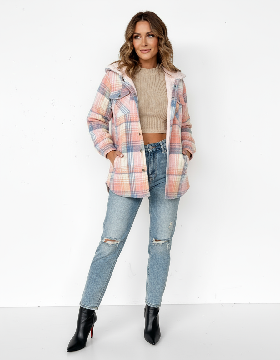 Damen Karo-Jacke mit Kapuze und Knopfleiste