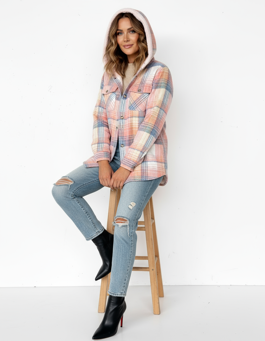 Damen Karo-Jacke mit Kapuze und Knopfleiste