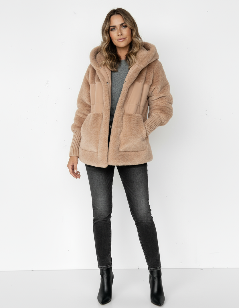 Kapuzenmantel mit Strickärmeln für Damen – Warm & Stylisch