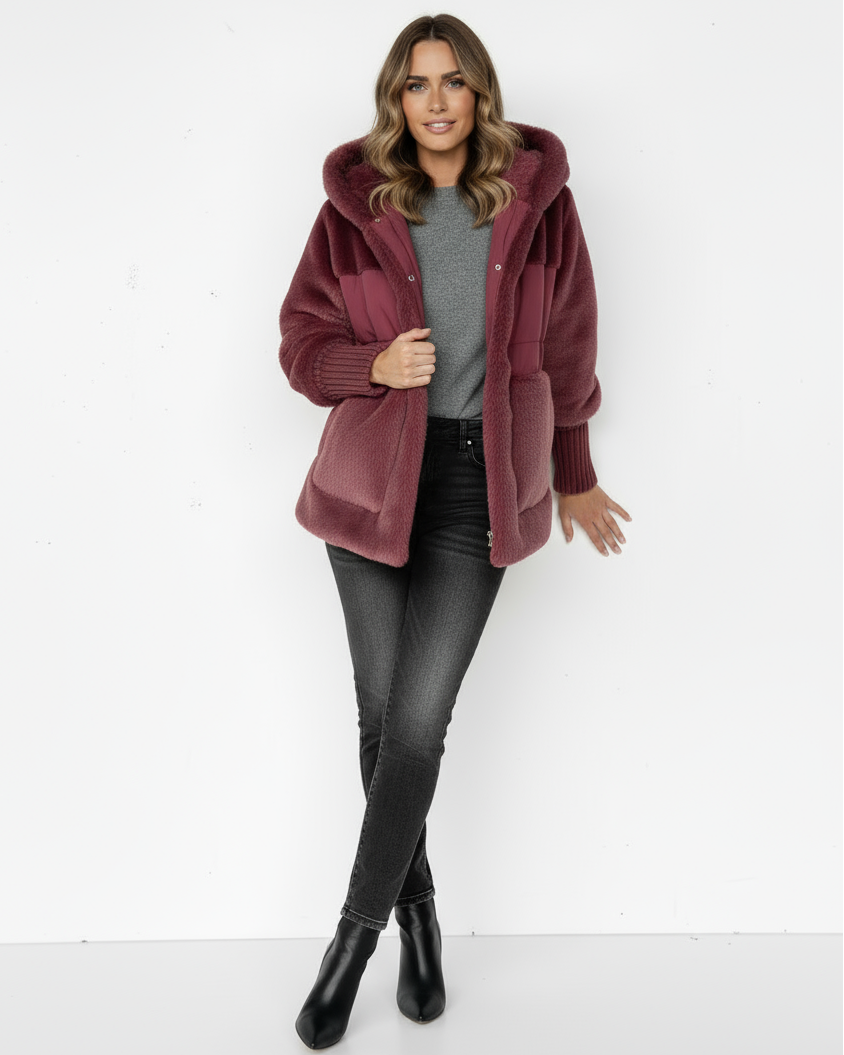 Kapuzenmantel mit Strickärmeln für Damen – Warm & Stylisch