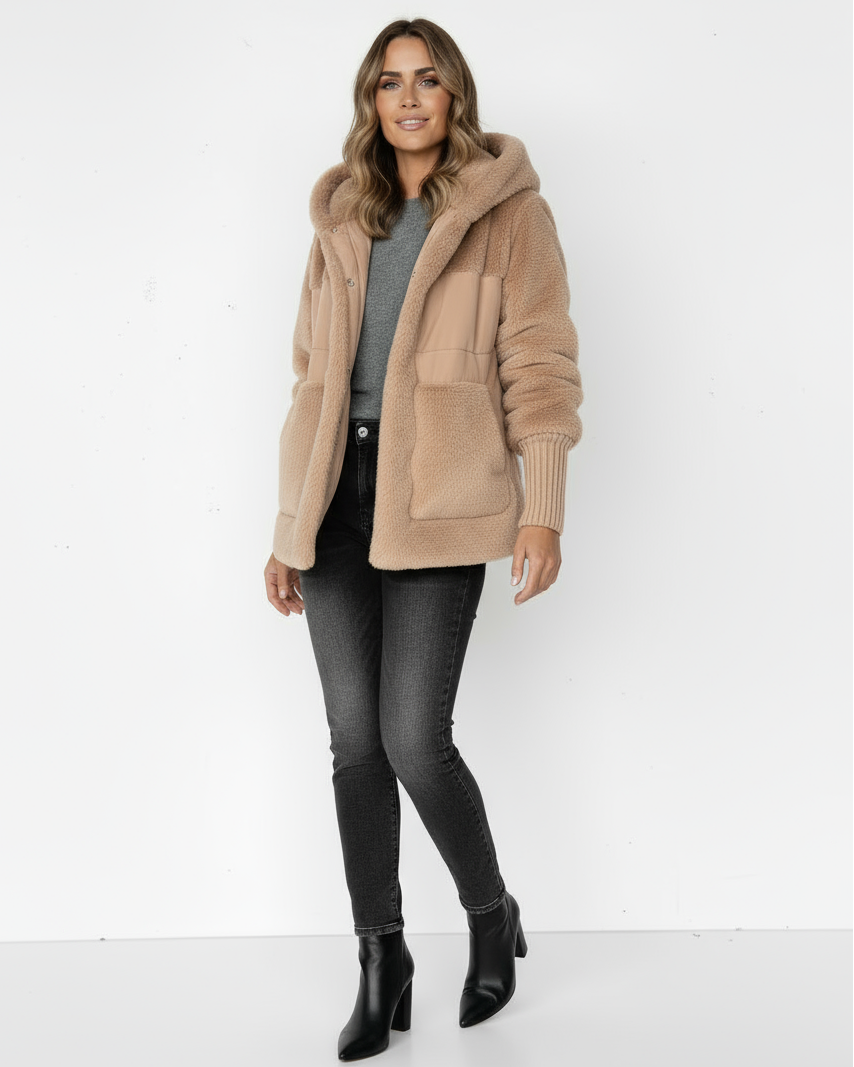 Kapuzenmantel mit Strickärmeln für Damen – Warm & Stylisch
