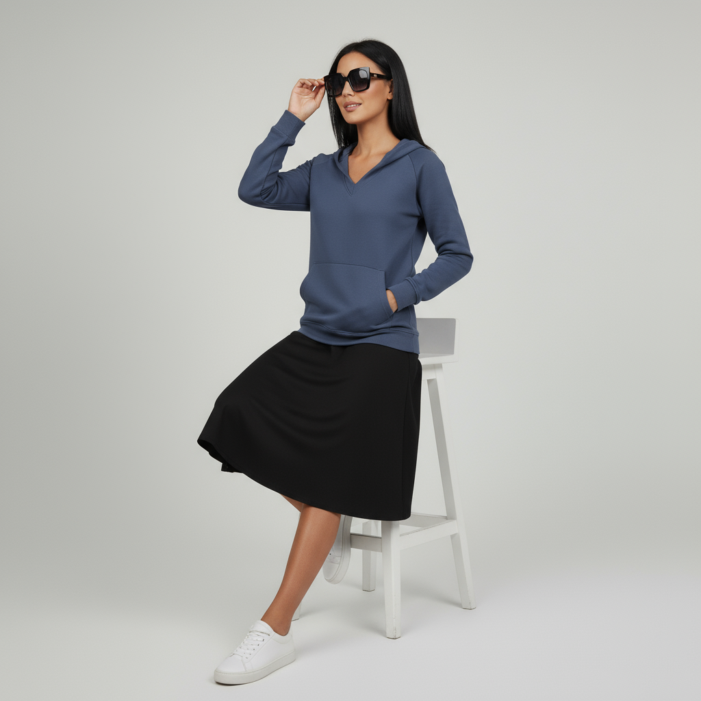 Damen-Sweatshirt ohne Kapuze mit V-Ausschnitt & Kängurutasche