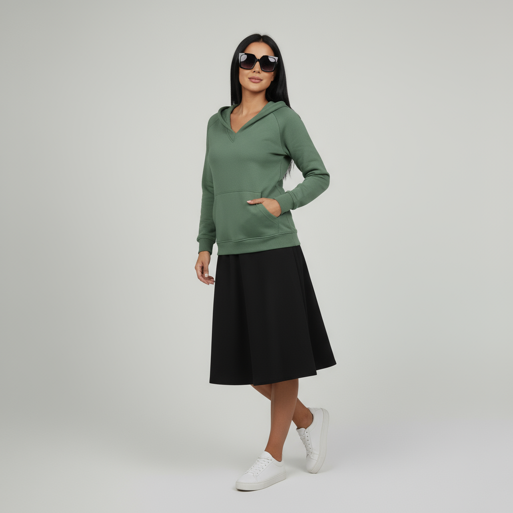 Damen-Sweatshirt ohne Kapuze mit V-Ausschnitt & Kängurutasche