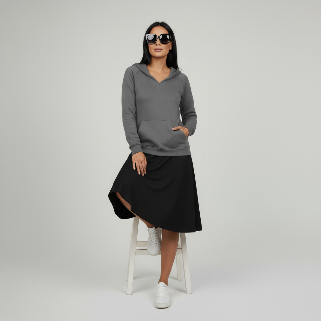 Damen-Sweatshirt ohne Kapuze mit V-Ausschnitt & Kängurutasche