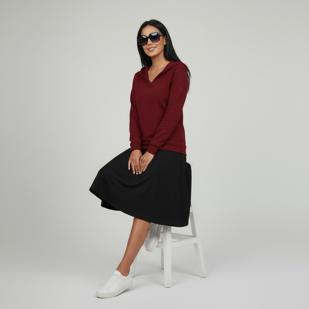 Damen-Sweatshirt ohne Kapuze mit V-Ausschnitt & Kängurutasche